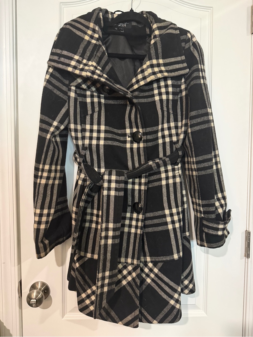 Black Rivet Black & Cream Plaid Belted Trench Coat
